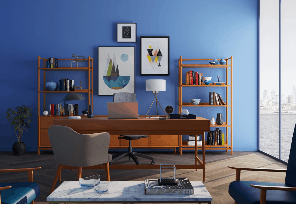 Home Office with Blue Background Wall - guest blog from Sofas by Saxon